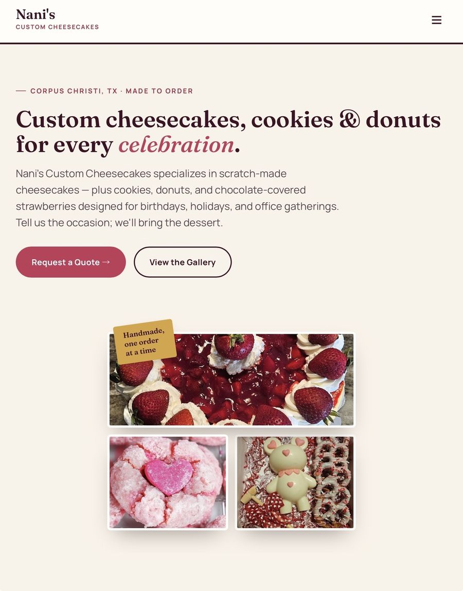 Nani's Custom Cheesecakes website screenshot